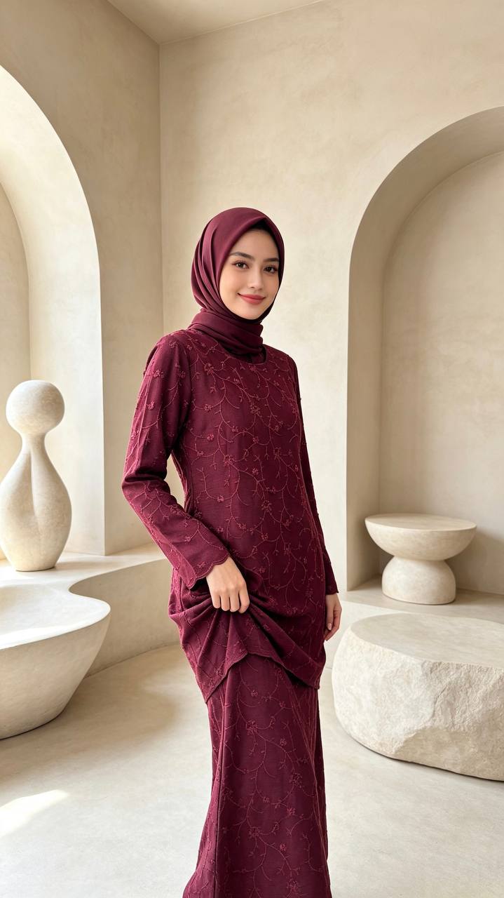 Women's Marissa Series Maroon Embroidered Scalloped Hem Modern Baju Kurung