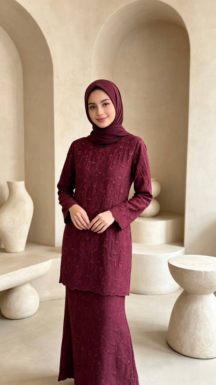 Women's Marissa Series Maroon Embroidered Scalloped Hem Modern Baju Kurung