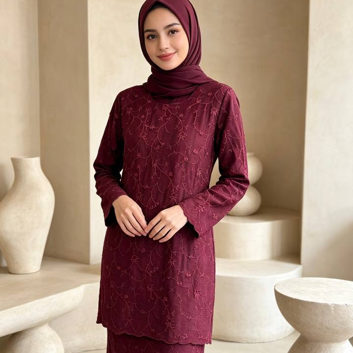 Women's Marissa Series Maroon Embroidered Scalloped Hem Modern Baju Kurung