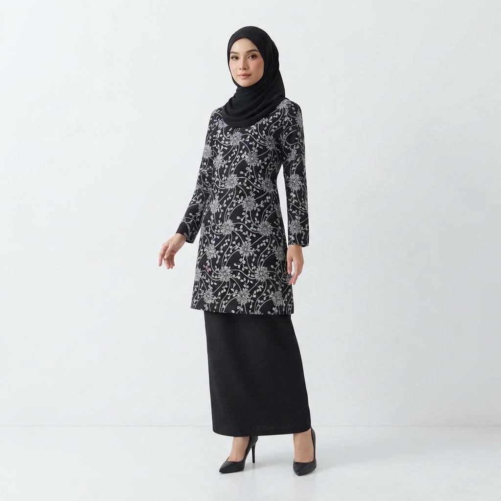 Women's Safiya Series Black & White Floral Patterned Modern Baju Kurung