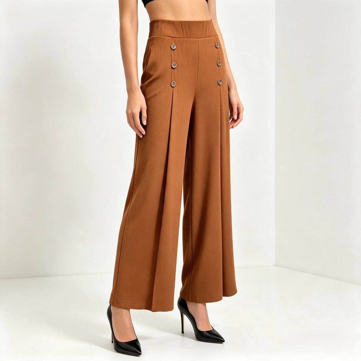 Women's Sienna Series Caramel Brown High-Waisted Sailor Button Palazzo Pants