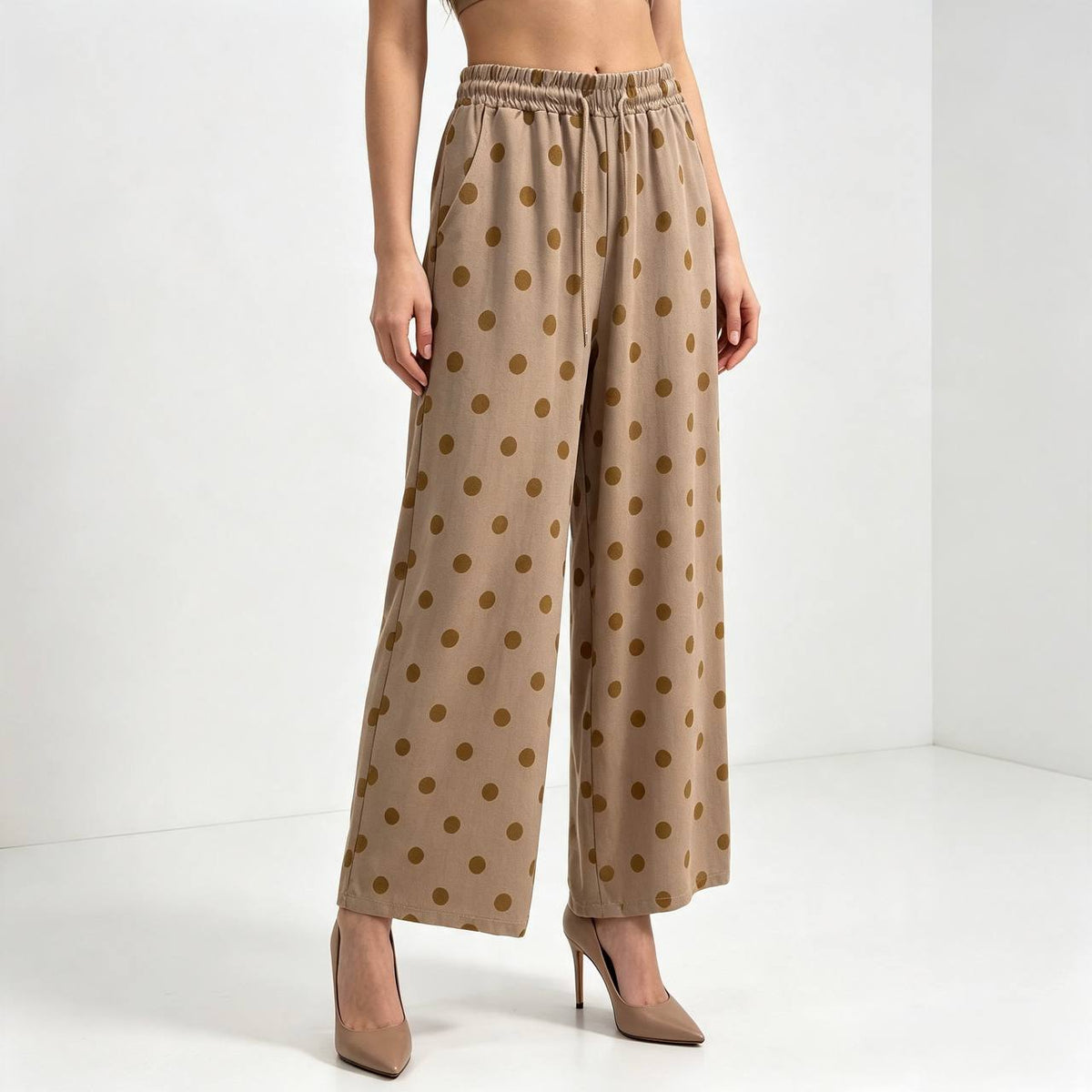 Women's Audrey Series Soft Brown Polka Dot Drawstring Elastic Waist Palazzo Pants