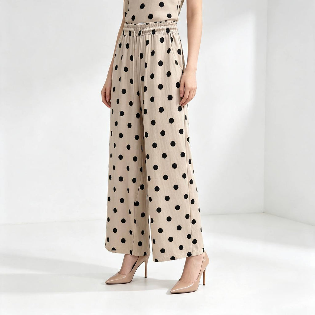 Women's Audrey Series Soft Brown Polka Dot Drawstring Elastic Waist Palazzo Pants