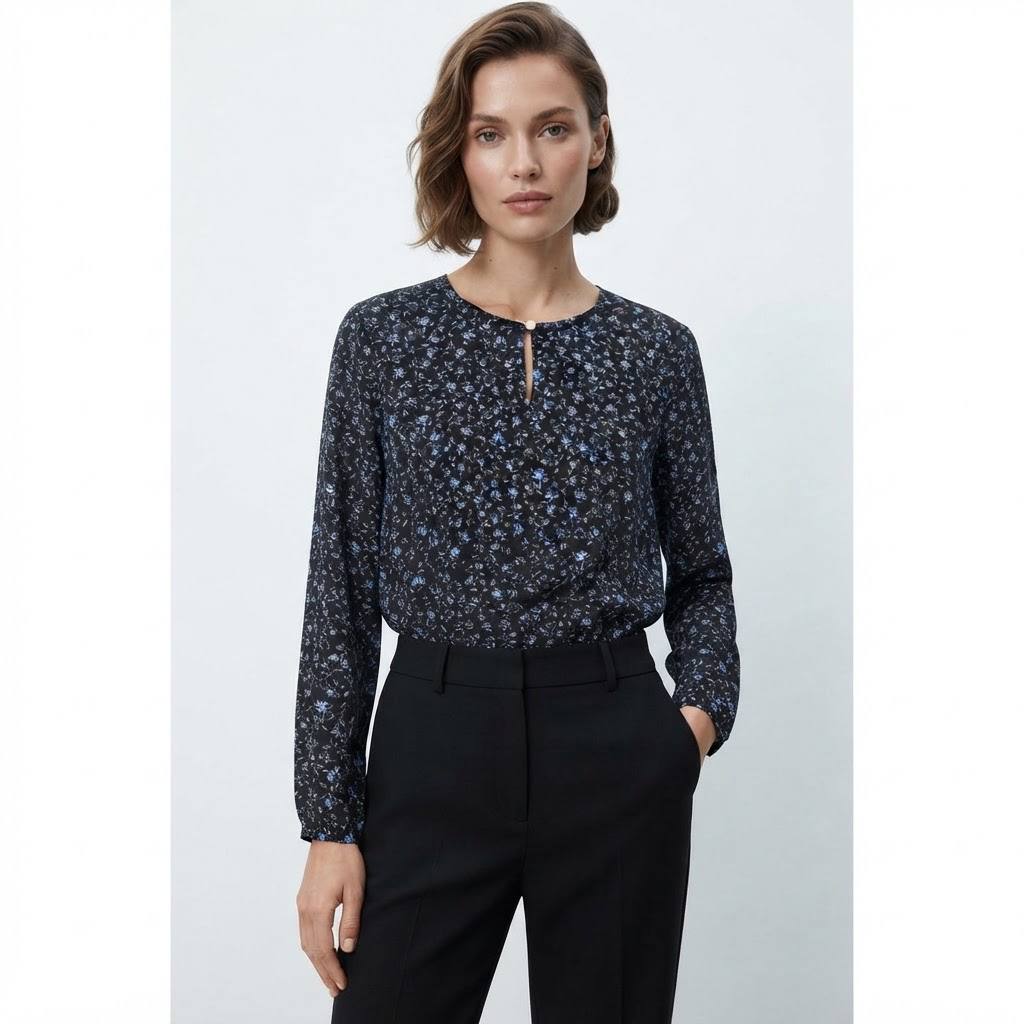 Women’s Floral Print Keyhole Neck Long Sleeve Blouse