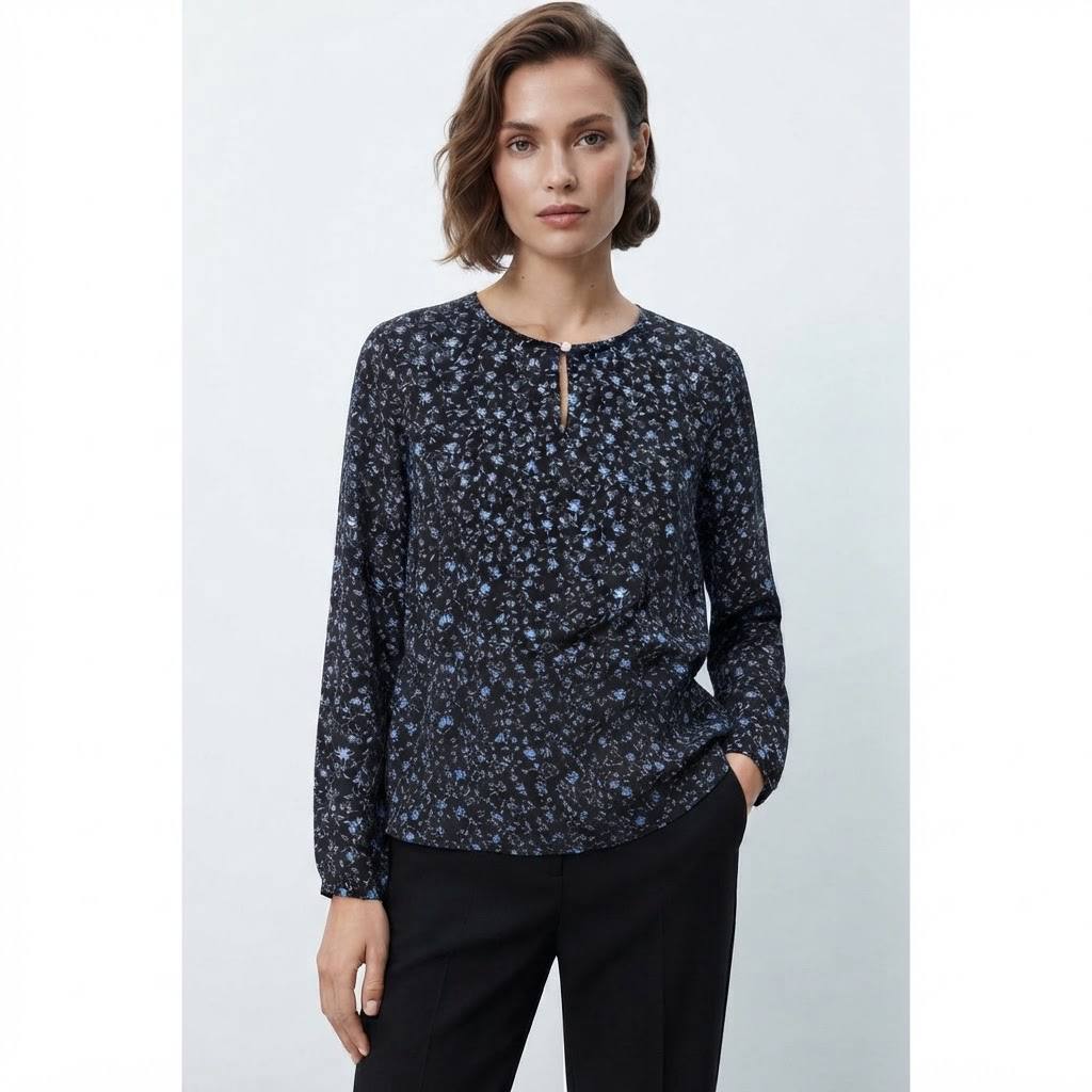 Women’s Floral Print Keyhole Neck Long Sleeve Blouse